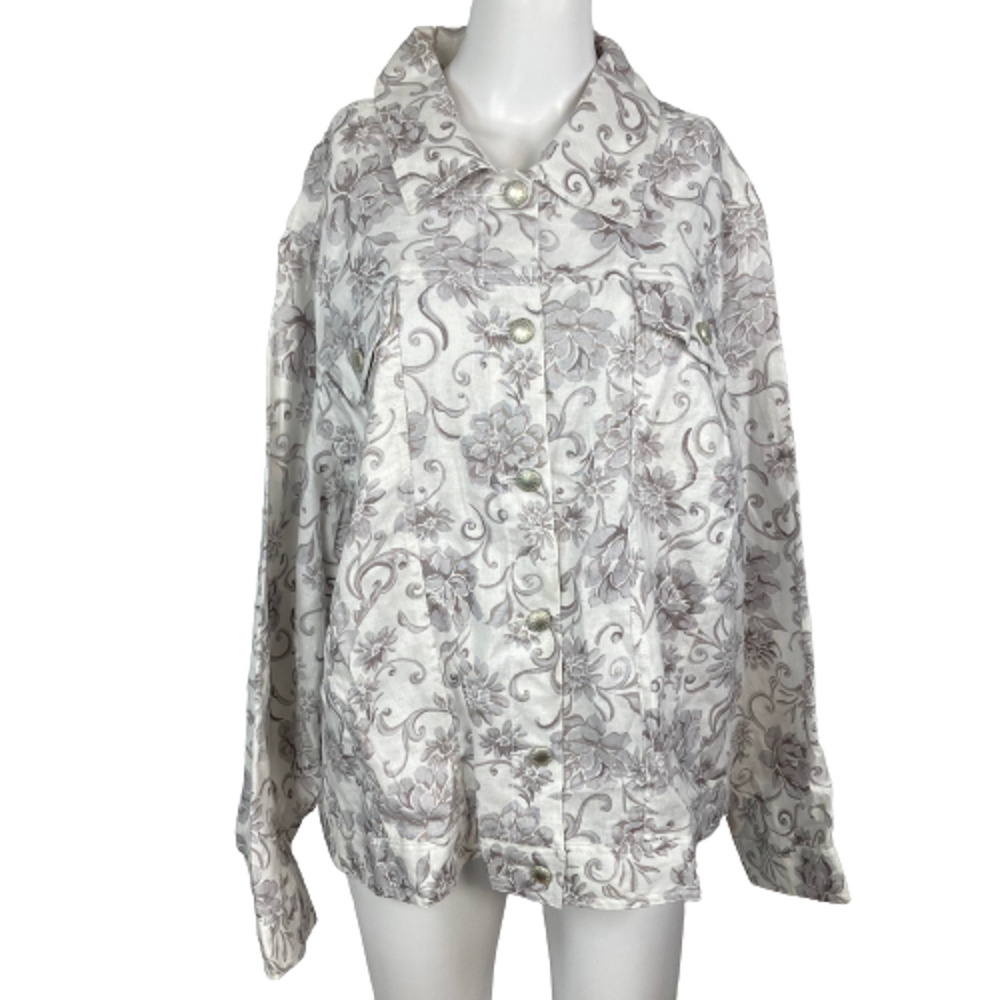 Lucy &‎ Laurel Jacket Womens Sz 1X White Gray Floral Linen Button Up Lightweight